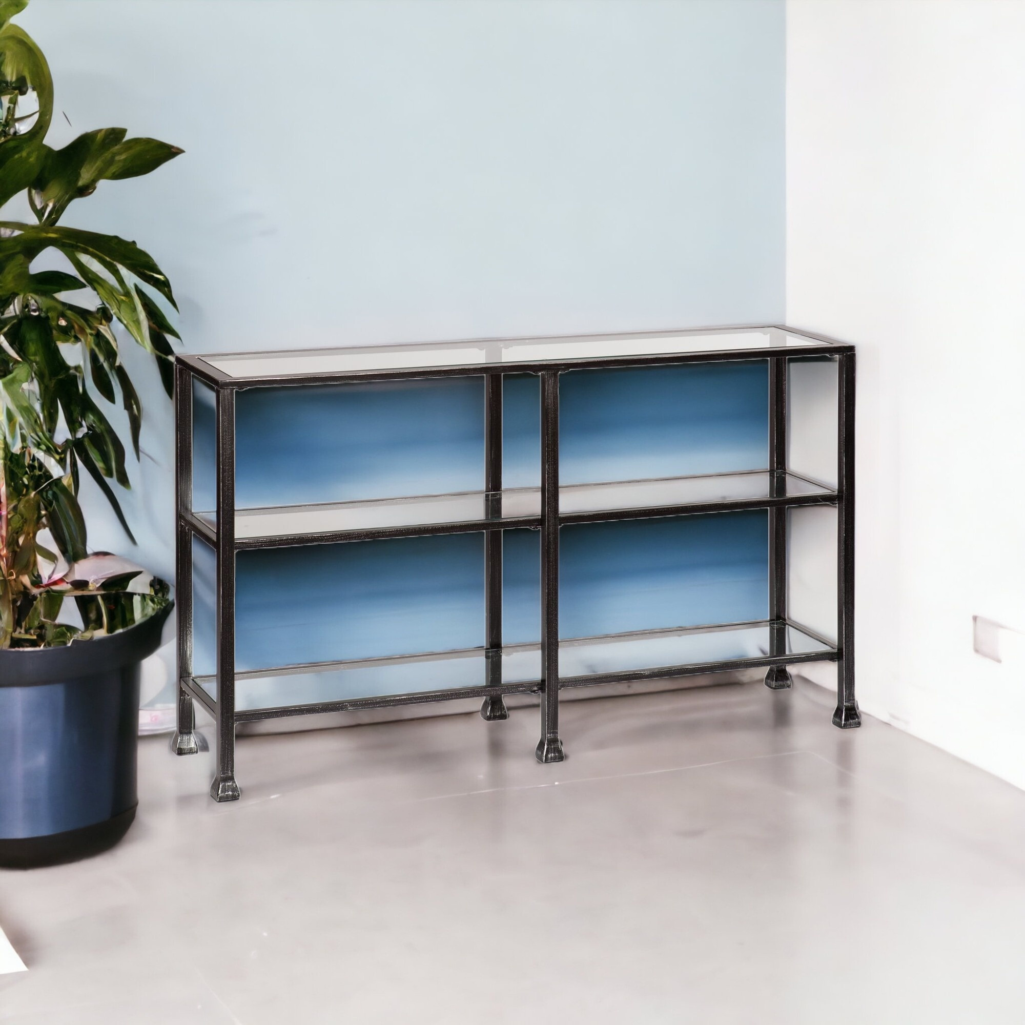 49 Clear And Black Glass Distressed Floor Shelf Console Table With Storage