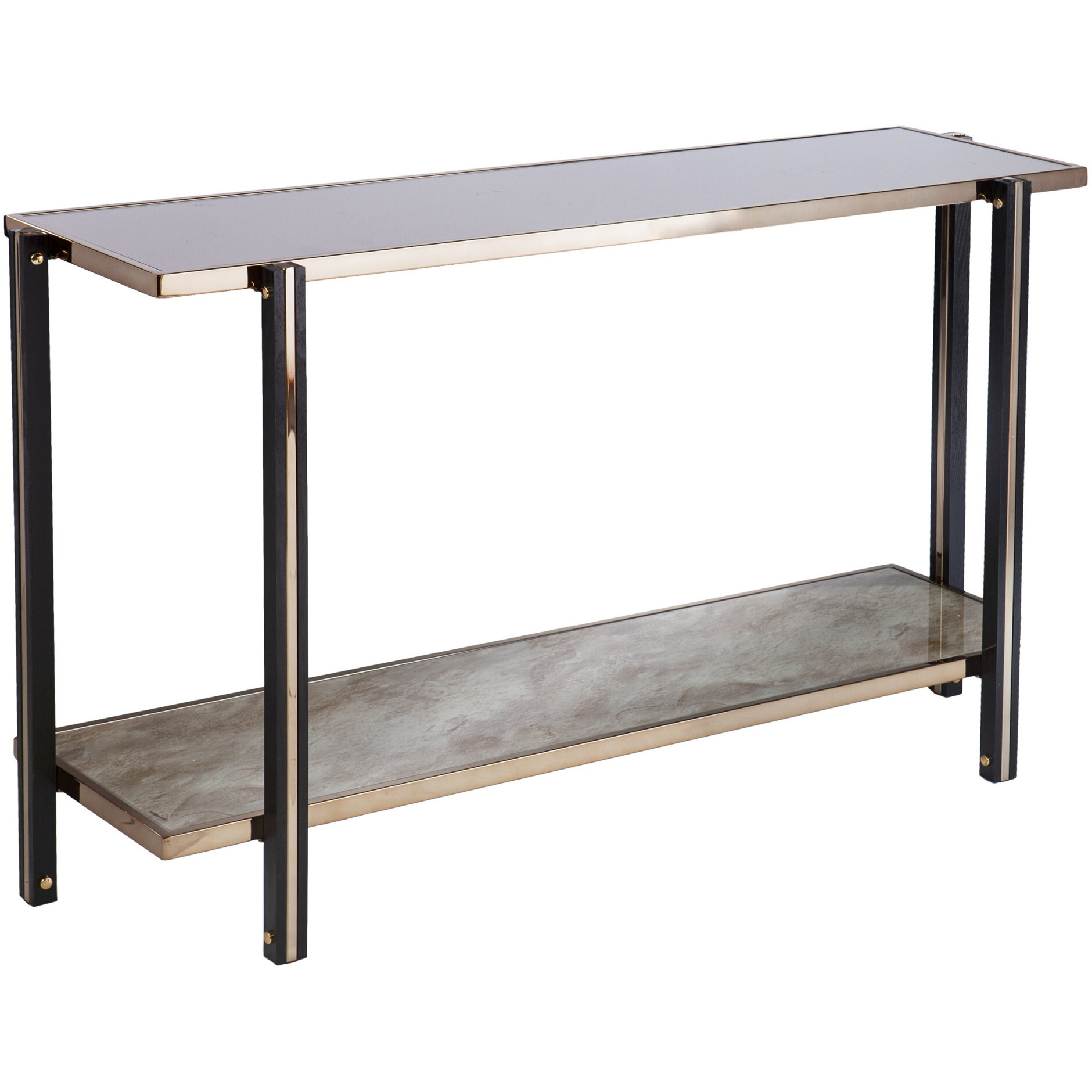 50 Smoky Black And Champagne Glass Mirrored Floor Shelf Console Table With Storage