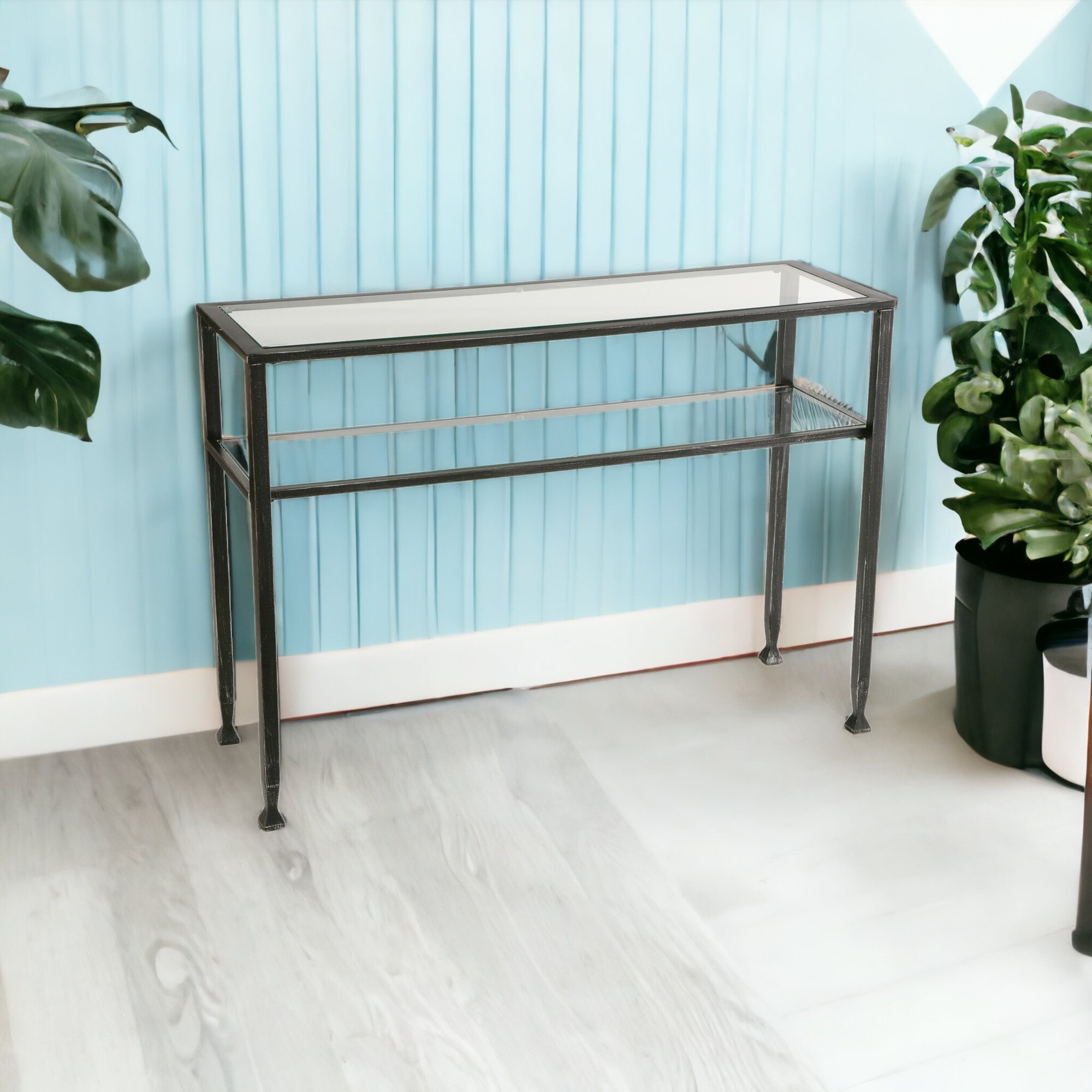 43 Clear And Black And Silver Glass Distressed Console Table With Storage