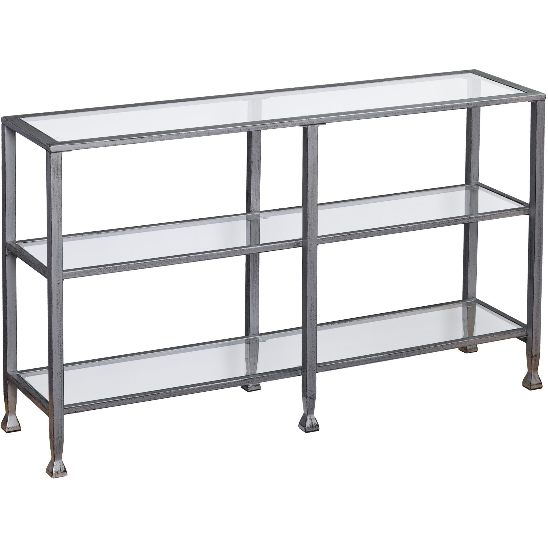 49 Clear And Silver Glass Distressed Floor Shelf Console Table With Storage