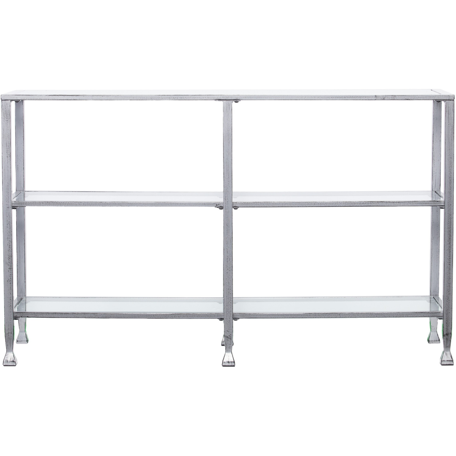 49 Clear And Silver Glass Distressed Floor Shelf Console Table With Storage