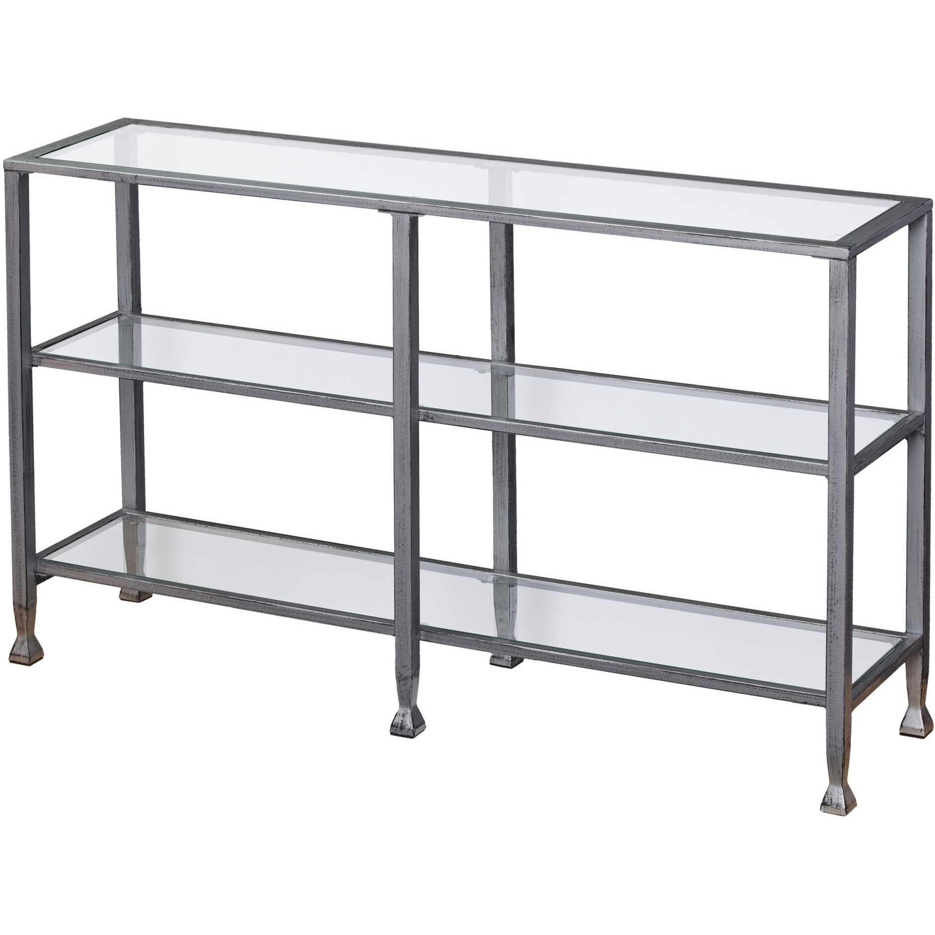 49 Clear And Silver Glass Distressed Floor Shelf Console Table With Storage