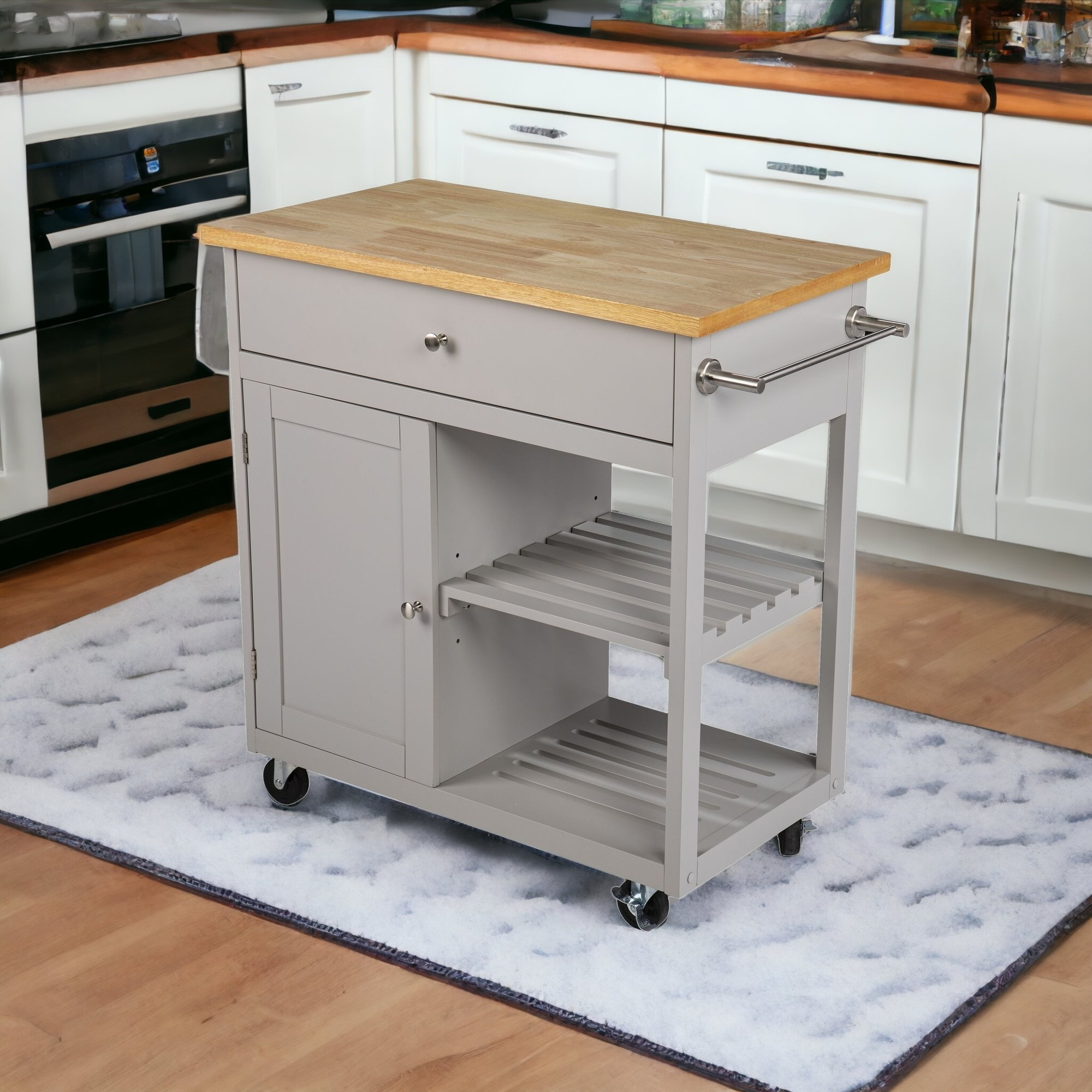 Gray And Natural 35 Rolling Kitchen Island With Storage