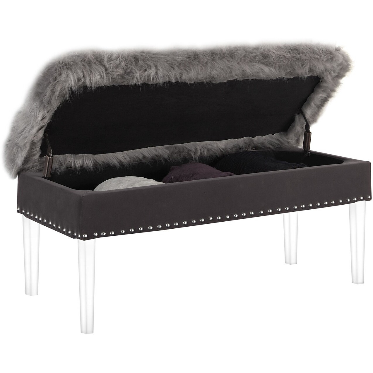 42 Gray Faux Fur And Clear Acrylic Storage Bench