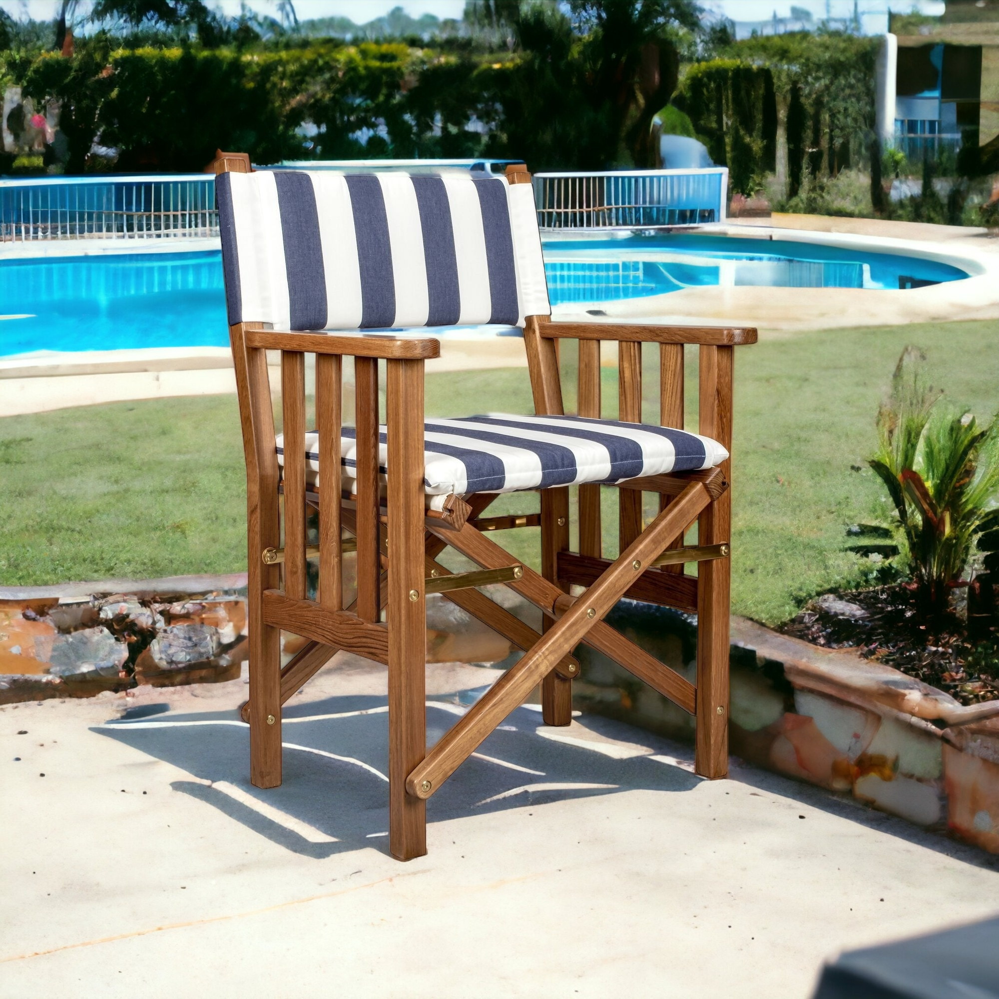 Blue And White And Brown Solid Wood Director Chair With Blue And White Cushion