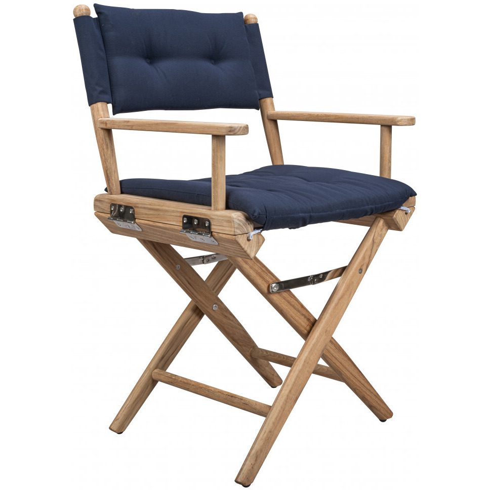 Navy Blue And Brown Solid Wood Director Chair With Navy Blue Cushion