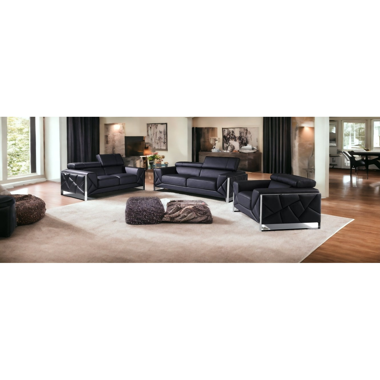 Three Piece Indoor Black Italian Leather Six Person Seating Set