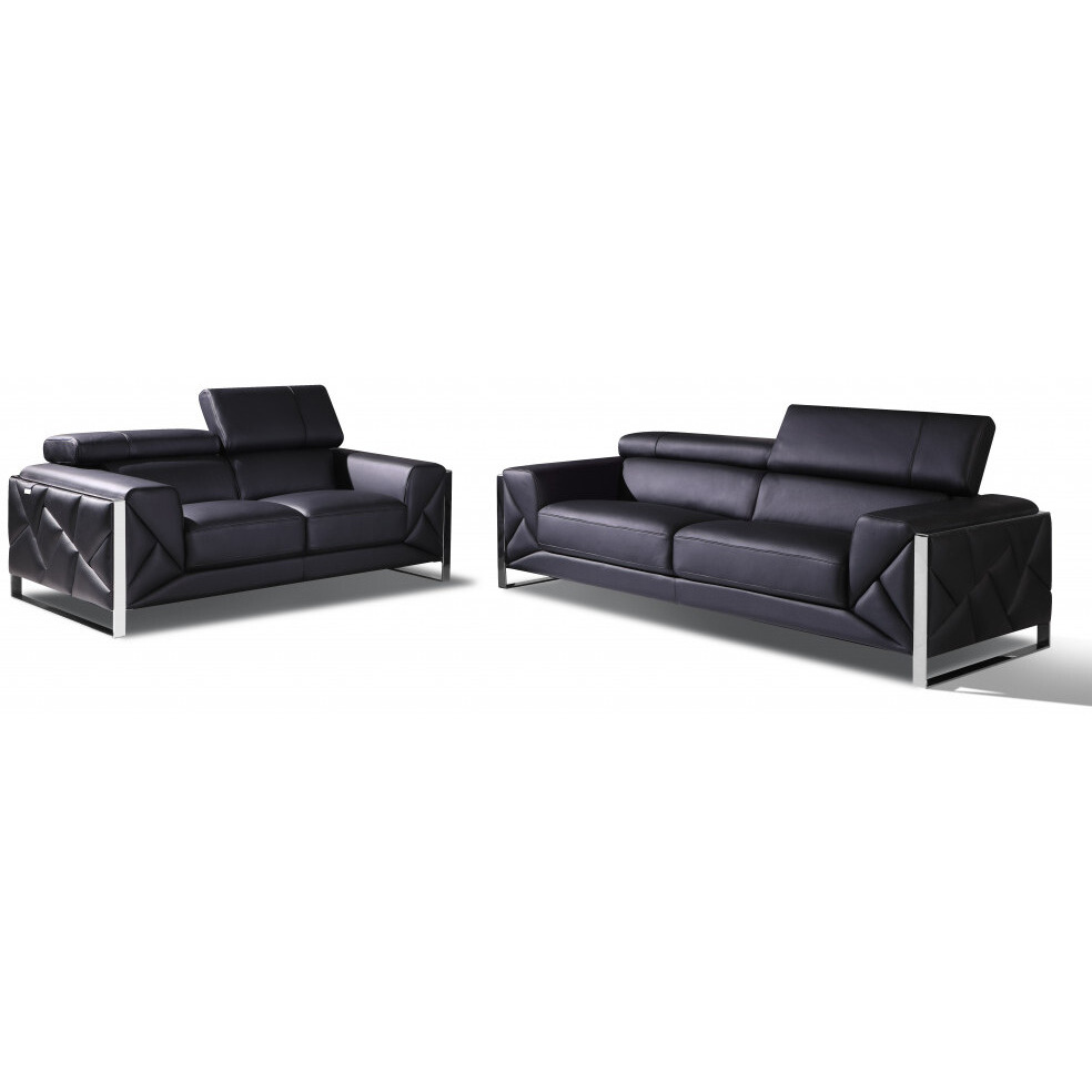 Two Piece Indoor Black Italian Leather Five Person Seating Set