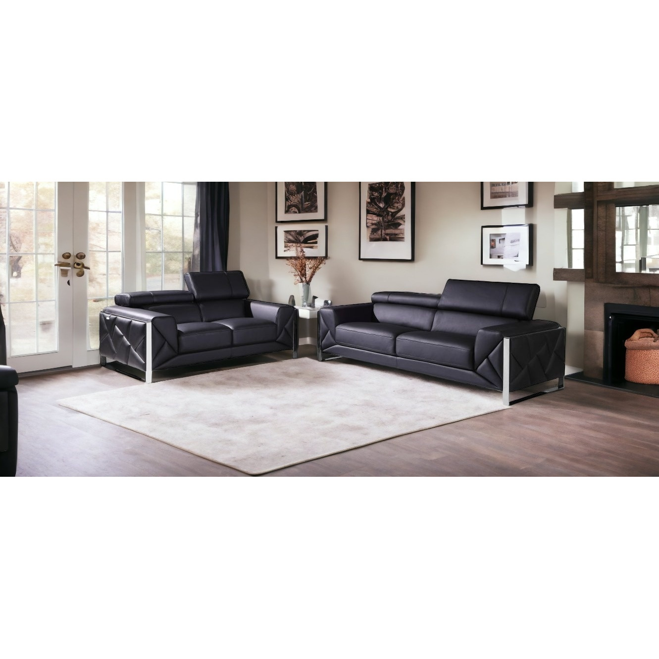 Two Piece Indoor Black Italian Leather Five Person Seating Set