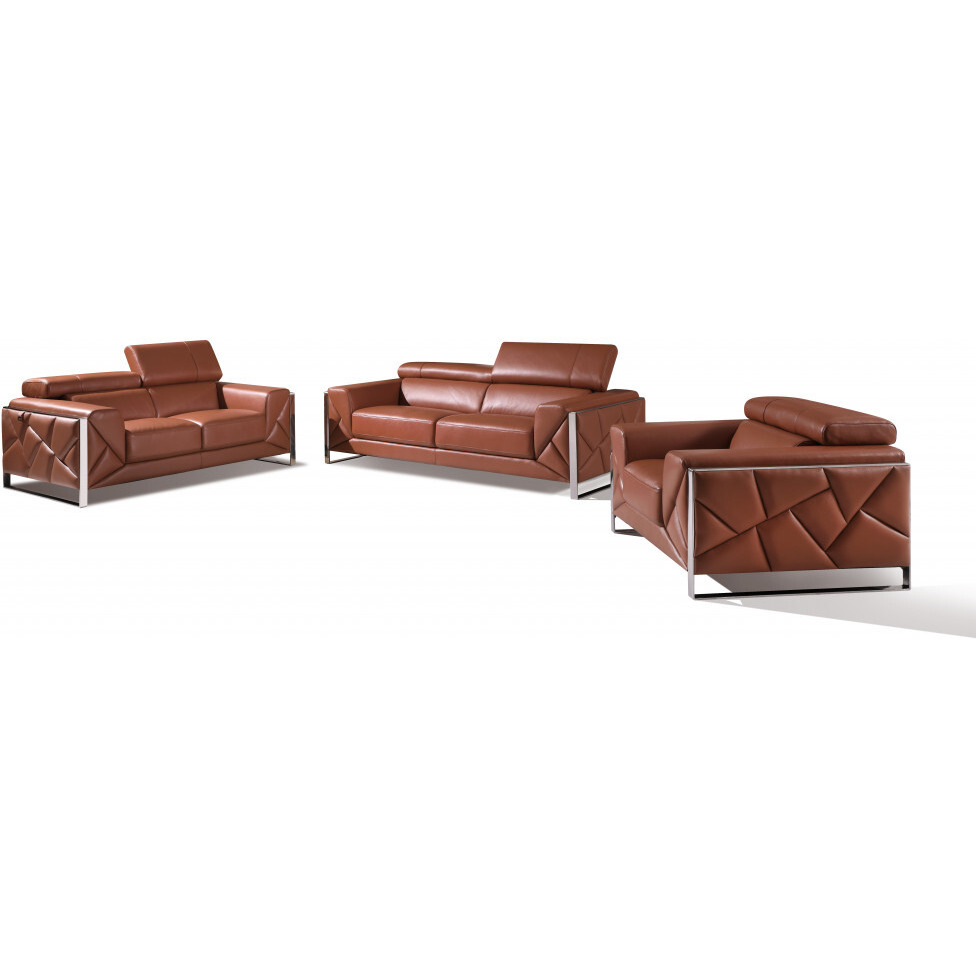 Three Piece Indoor Camel Italian Leather Six Person Seating Set