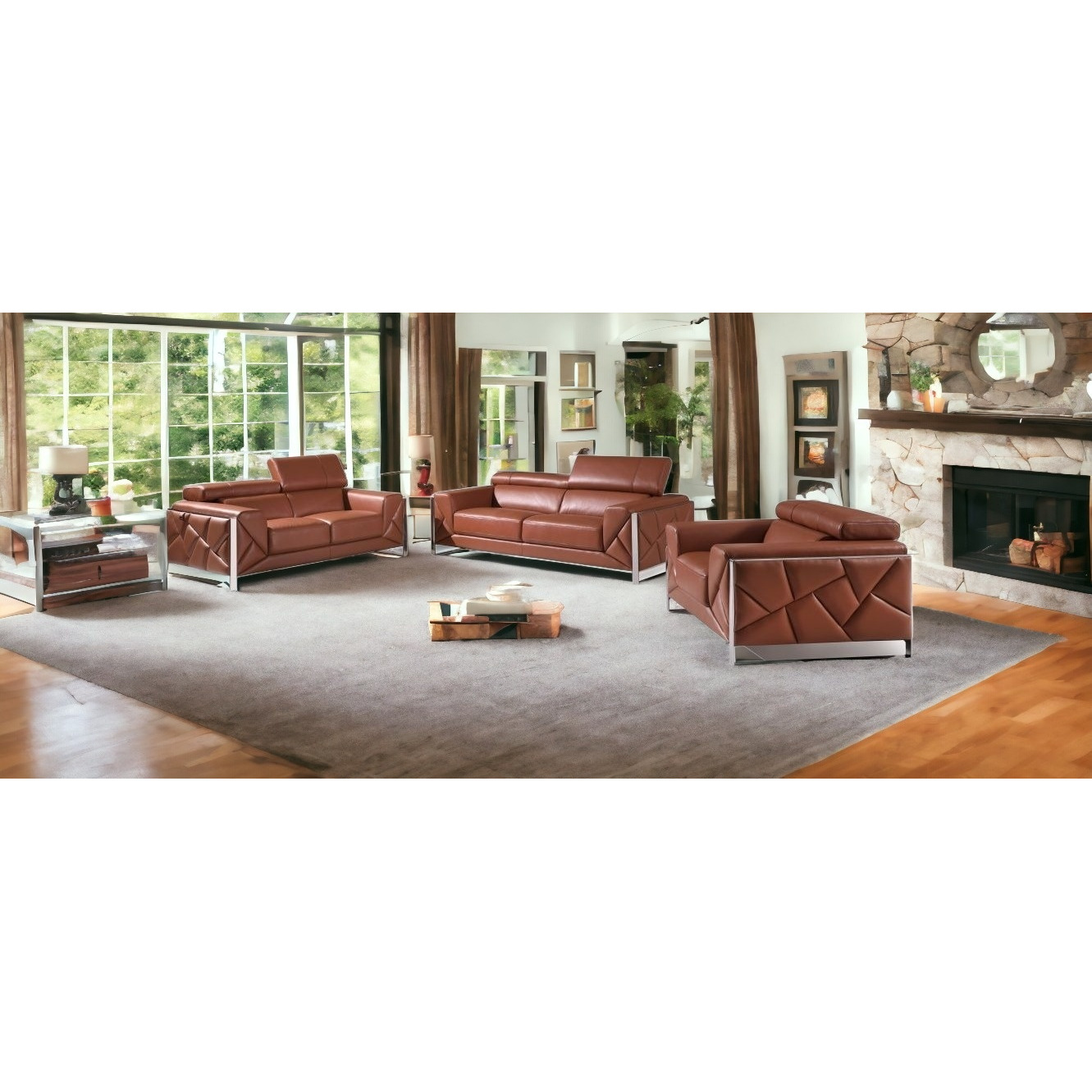 Three Piece Indoor Camel Italian Leather Six Person Seating Set