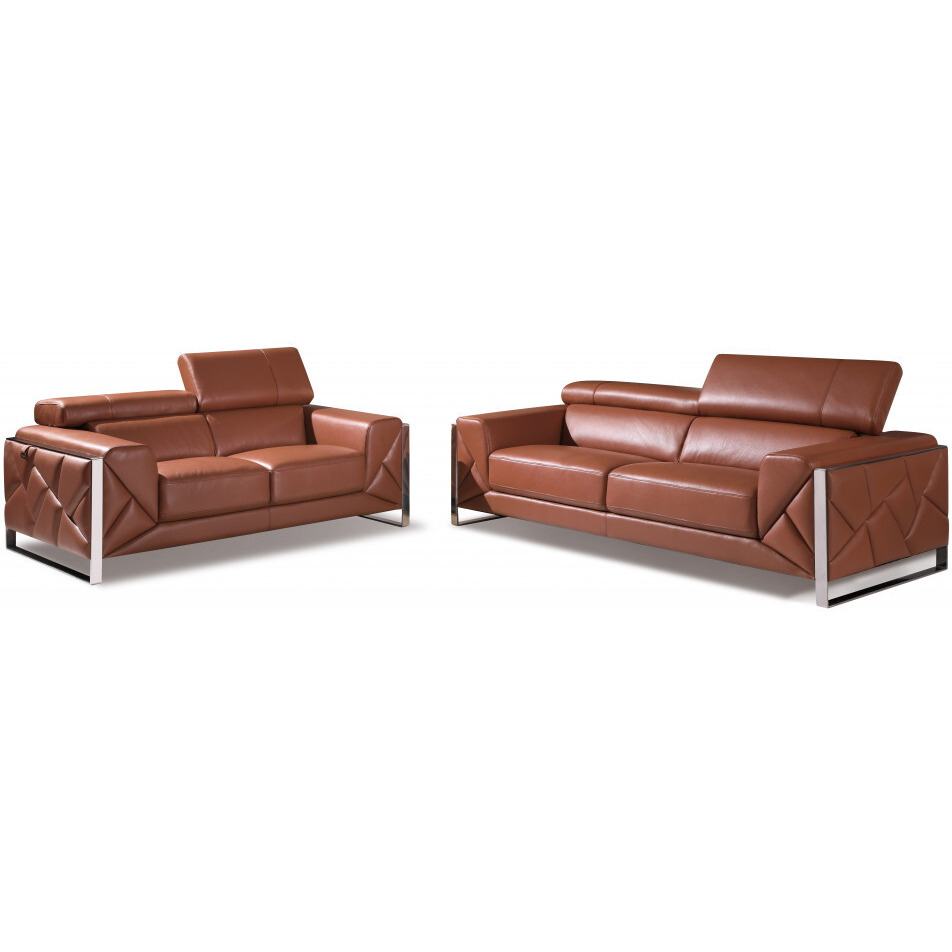 Two Piece Indoor Camel Italian Leather Five Person Seating Set