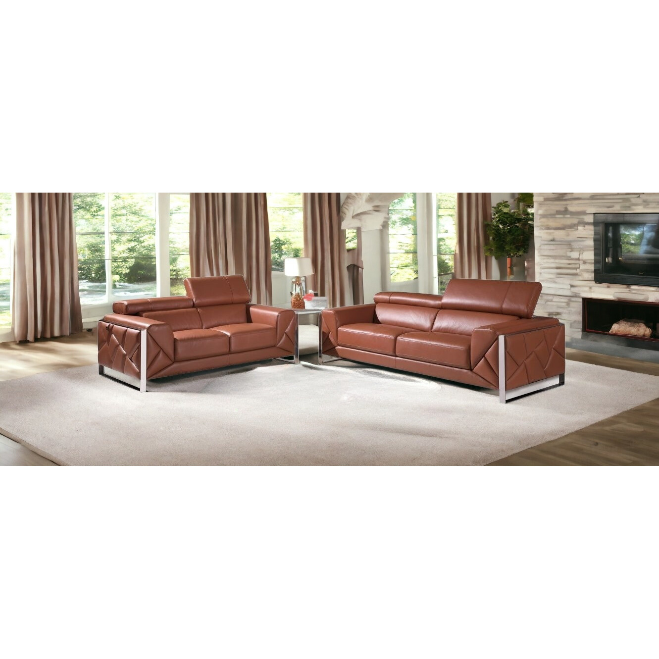 Two Piece Indoor Camel Italian Leather Five Person Seating Set