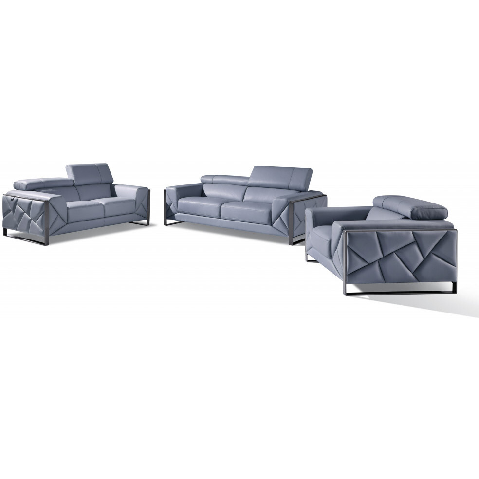 Three Piece Indoor Light Blue Italian Leather Six Person Seating Set