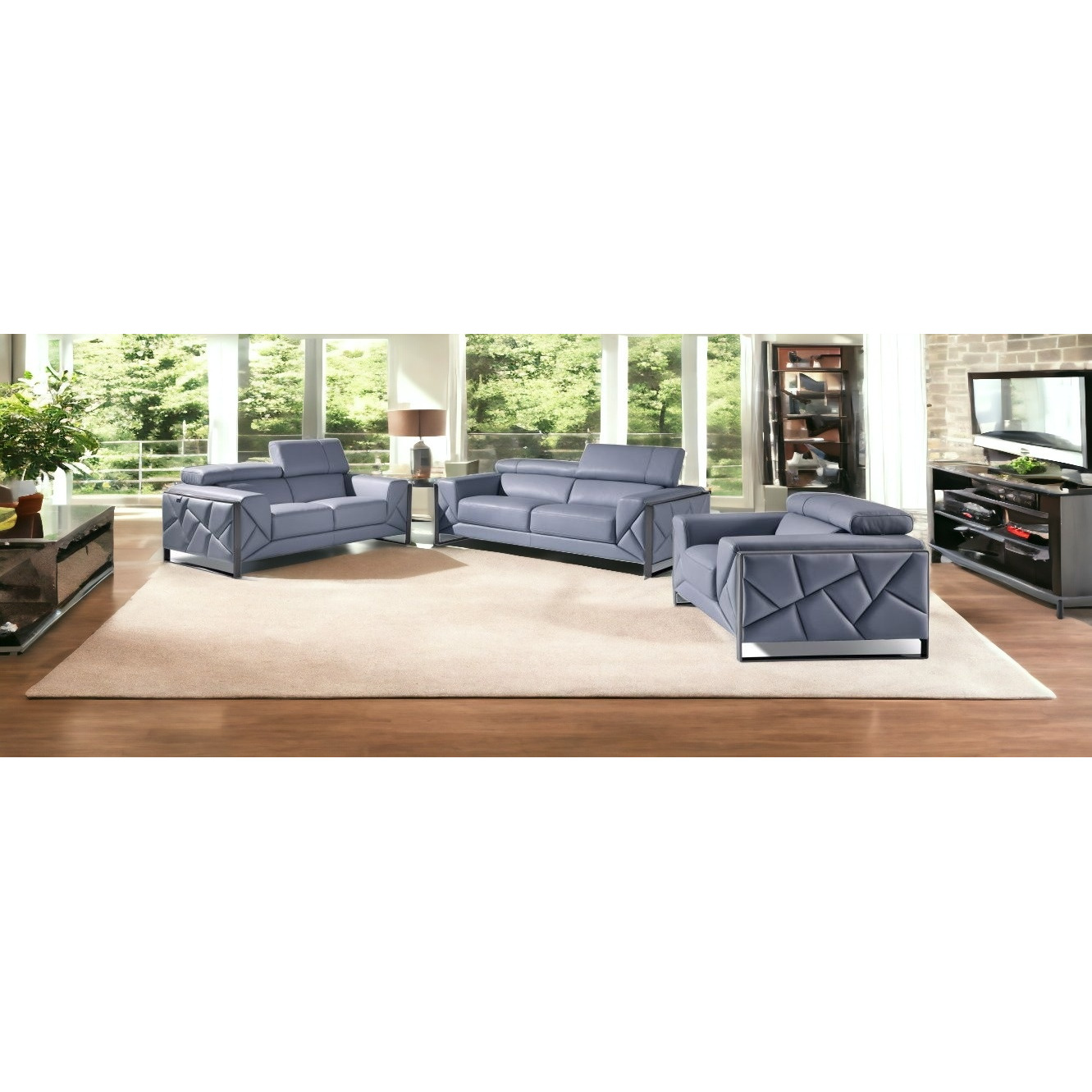 Three Piece Indoor Light Blue Italian Leather Six Person Seating Set