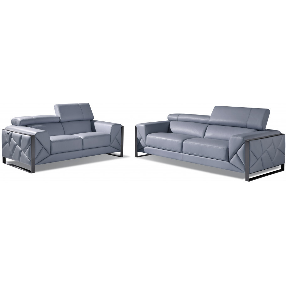 Two Piece Indoor Light Blue Italian Leather Five Person Seating Set