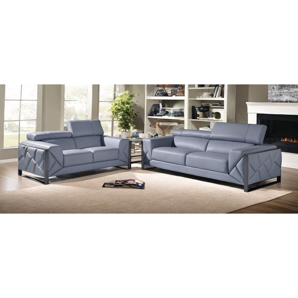 Two Piece Indoor Light Blue Italian Leather Five Person Seating Set