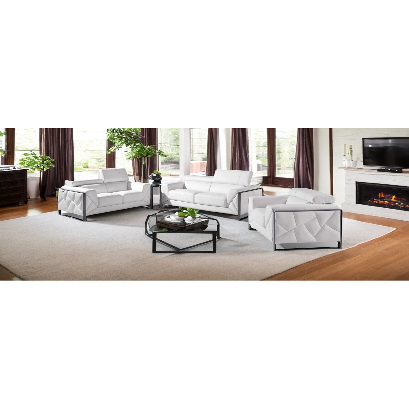Three Piece Indoor White Italian Leather Six Person Seating Set