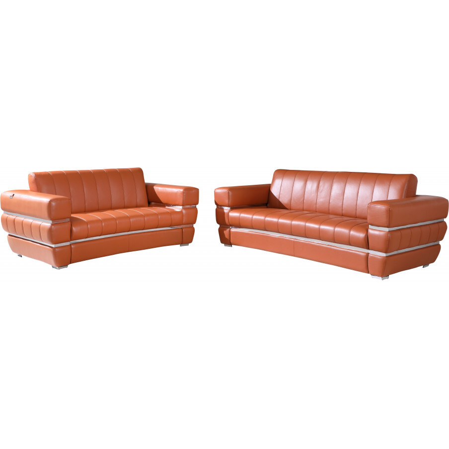 Two Piece Indoor Camel Italian Leather Five Person Seating Set