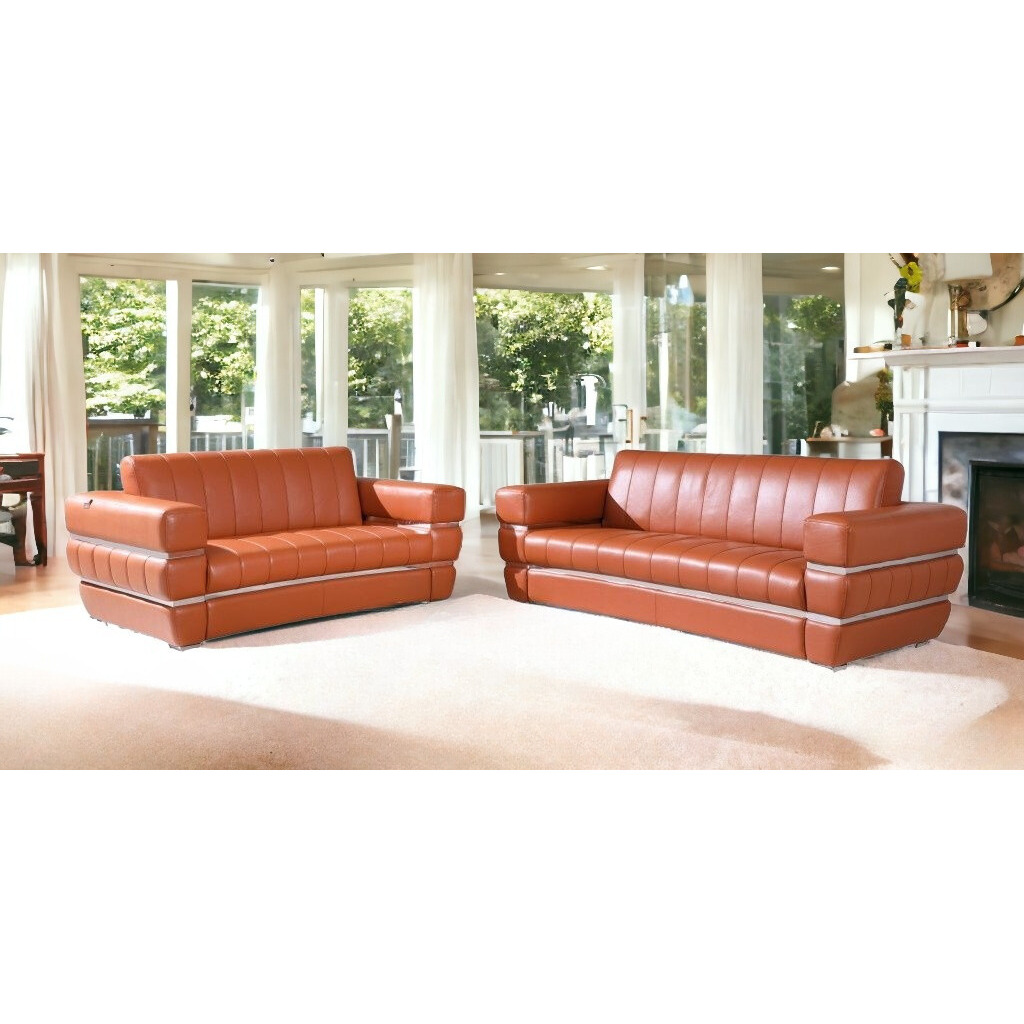 Two Piece Indoor Camel Italian Leather Five Person Seating Set
