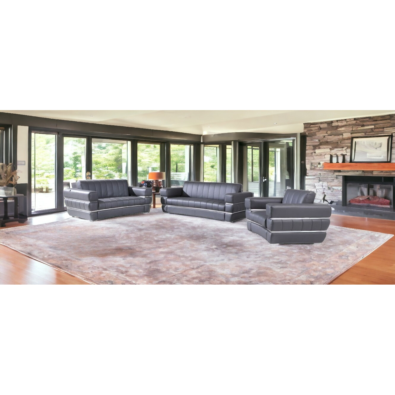 Three Piece Indoor Dark Gray Italian Leather Six Person Seating Set