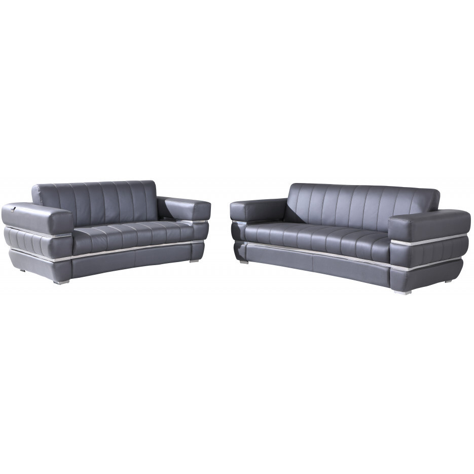 Two Piece Indoor Dark Gray Italian Leather Five Person Seating Set