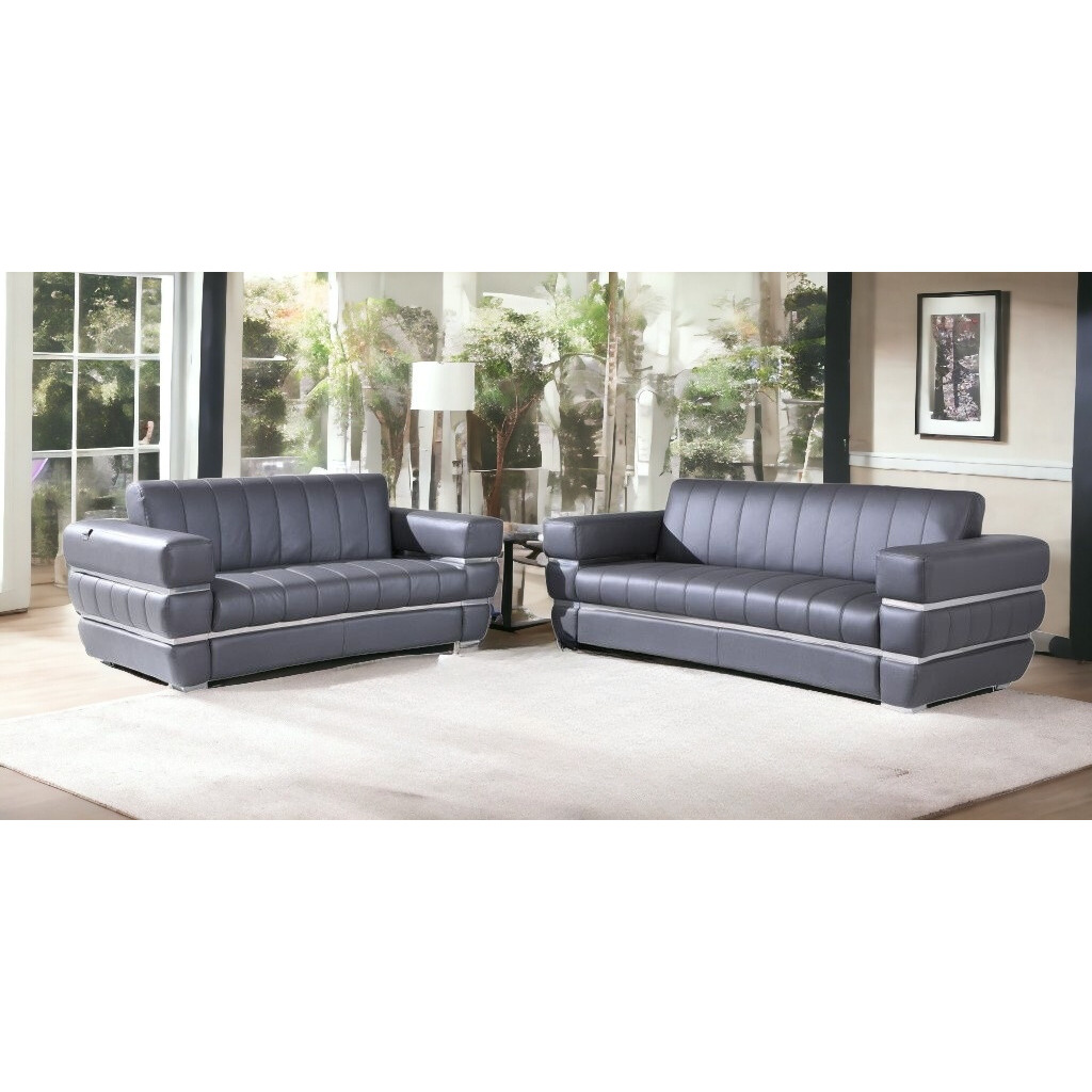 Two Piece Indoor Dark Gray Italian Leather Five Person Seating Set