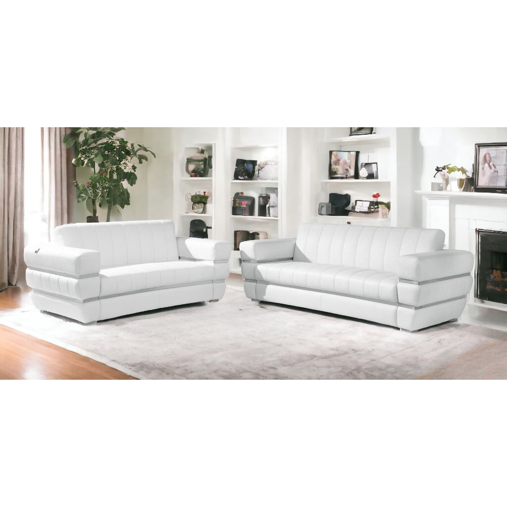 Two Piece Indoor White Italian Leather Five Person Seating Set