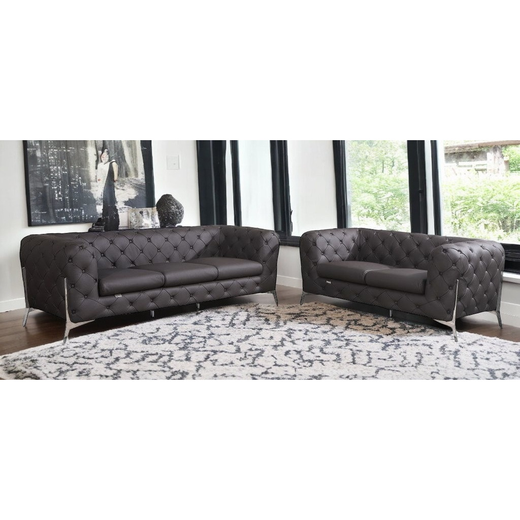Two Piece Indoor Brown Italian Leather Five Person Seating Set