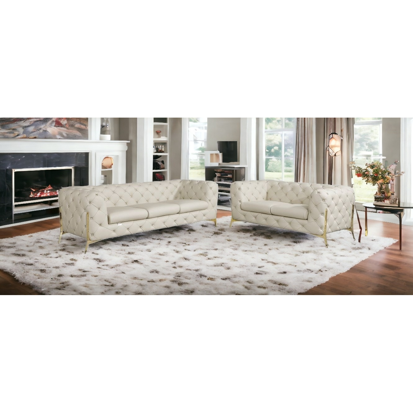 Two Piece Indoor Beige Italian Leather Five Person Seating Set