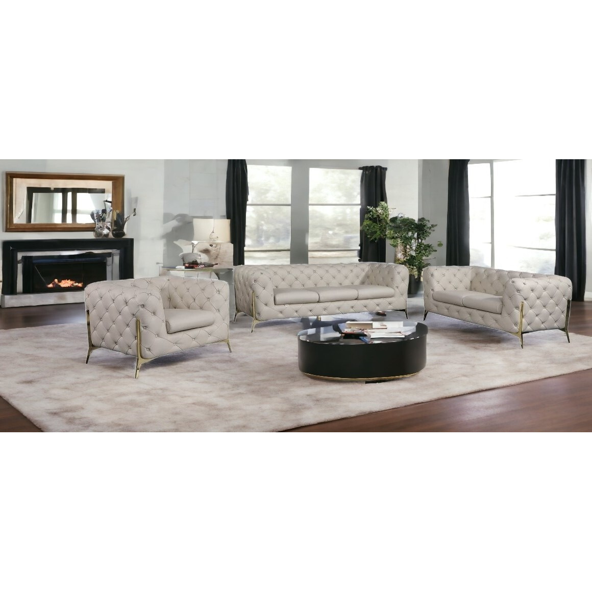 Three Piece Indoor Beige Italian Leather Six Person Seating Set