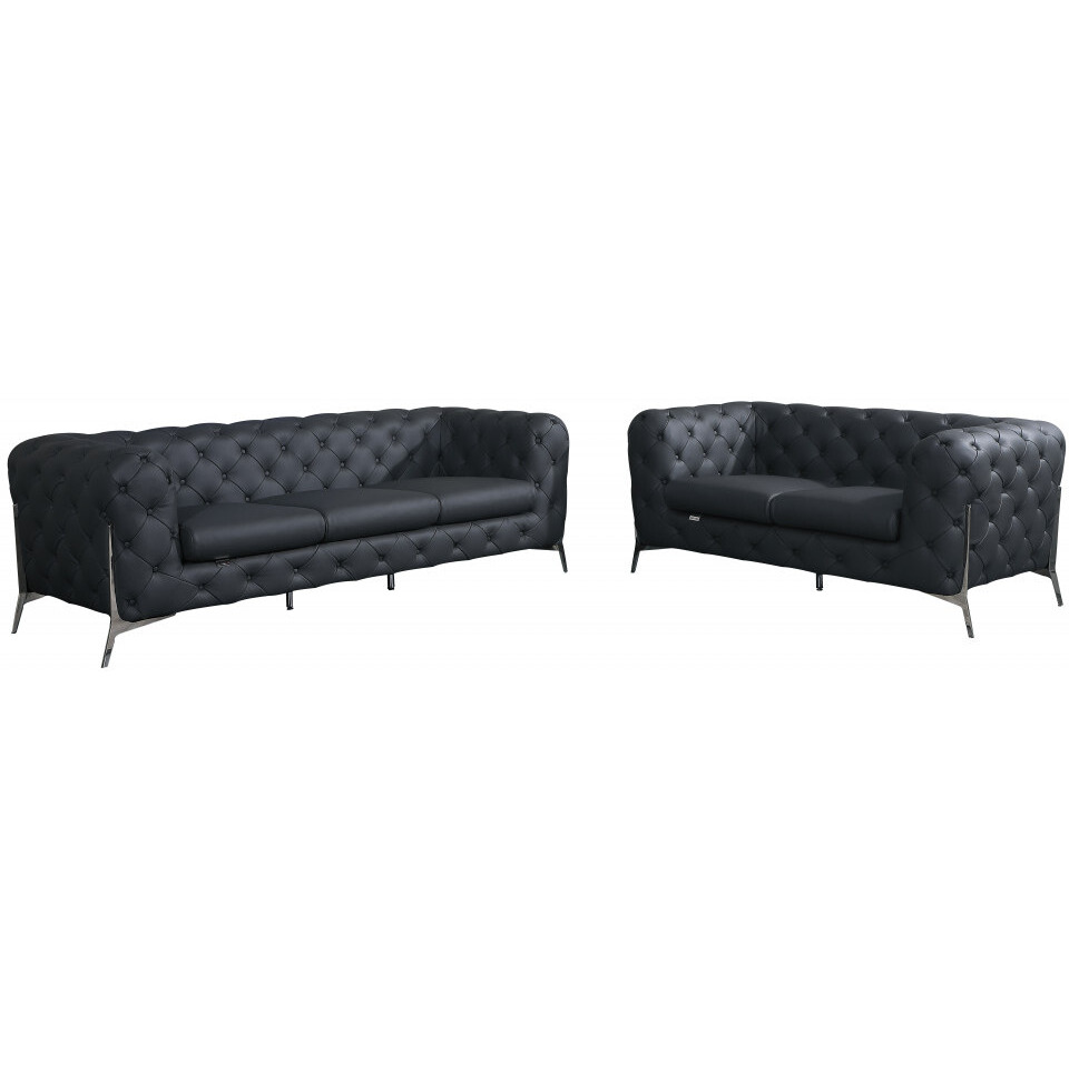 Two Piece Indoor Dark Gray Italian Leather Five Person Seating Set