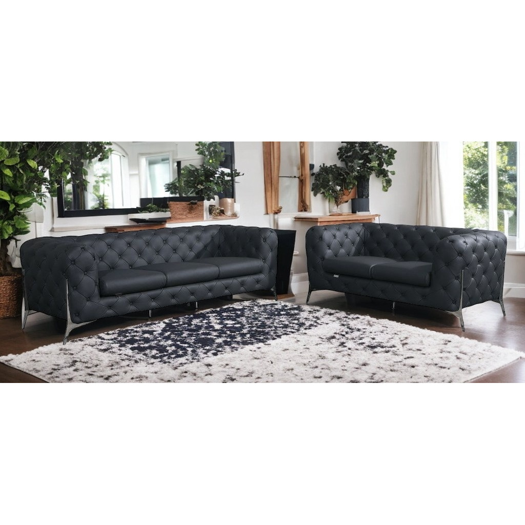 Two Piece Indoor Dark Gray Italian Leather Five Person Seating Set