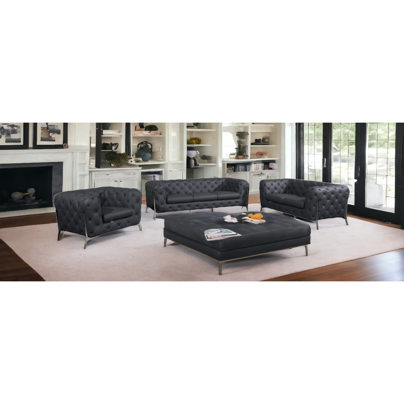 Three Piece Indoor Dark Gray Italian Leather Six Person Seating Set