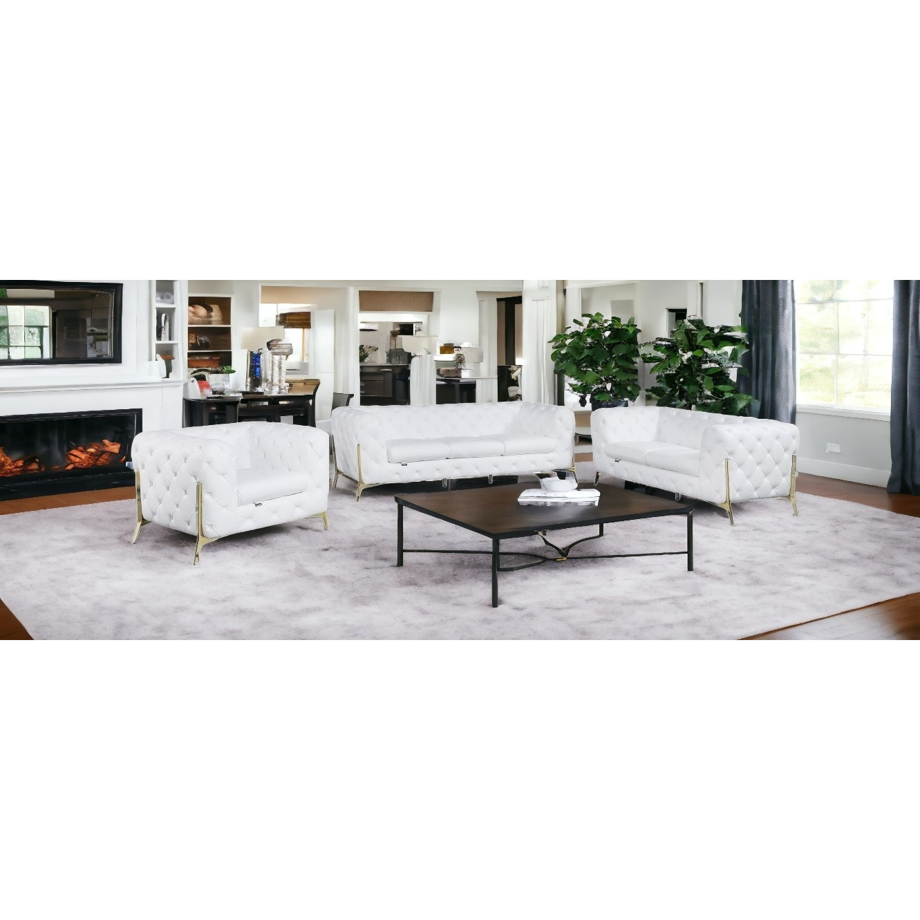 Three Piece Indoor White Italian Leather Six Person Seating Set