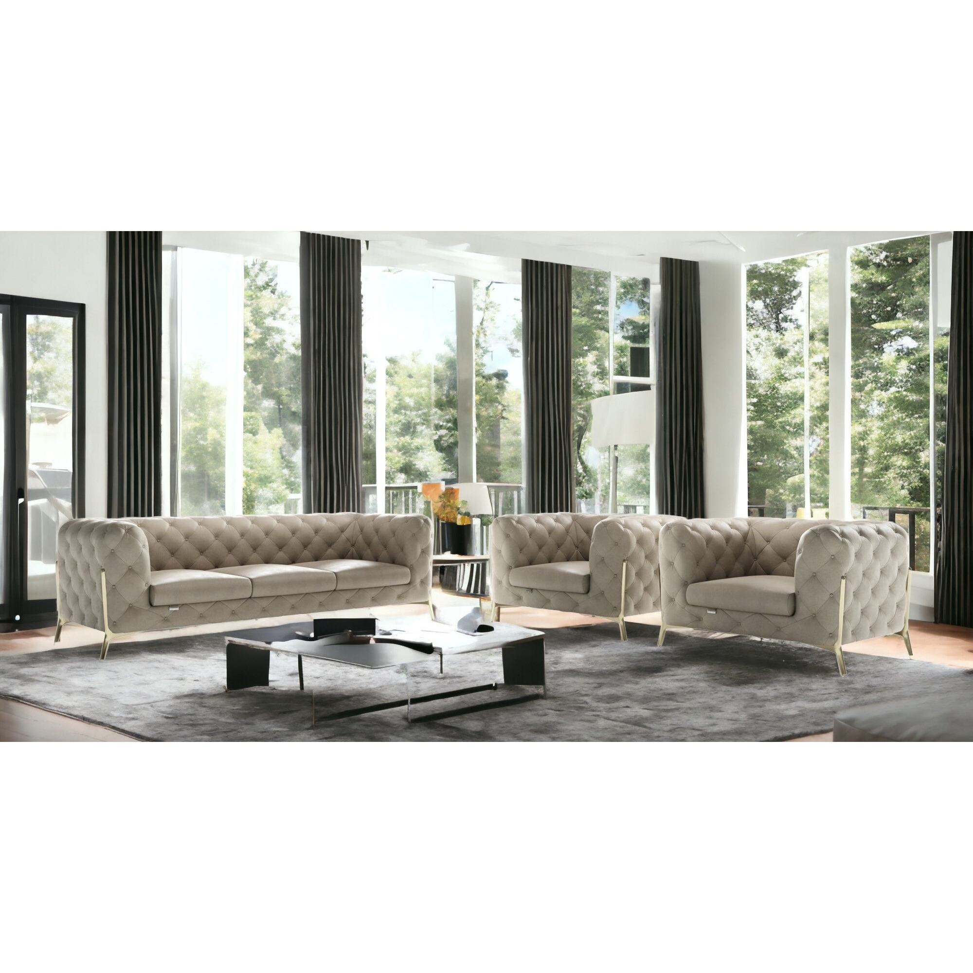Three Piece Indoor Beige Italian Leather Five Person Seating Set