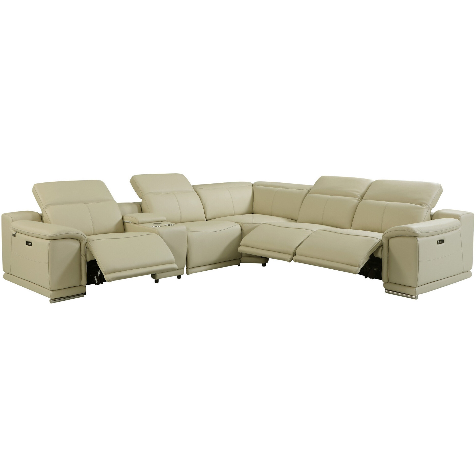 Beige Italian Leather Power Reclining U Shaped Six Piece Corner Sectional With Console
