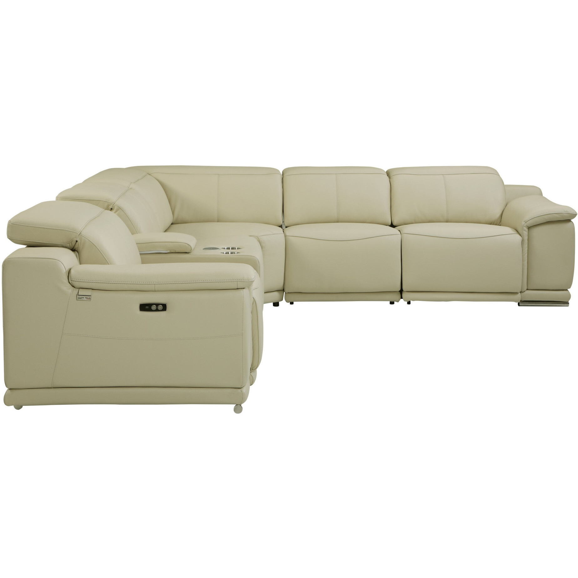 Beige Italian Leather Power Reclining U Shaped Six Piece Corner Sectional With Console