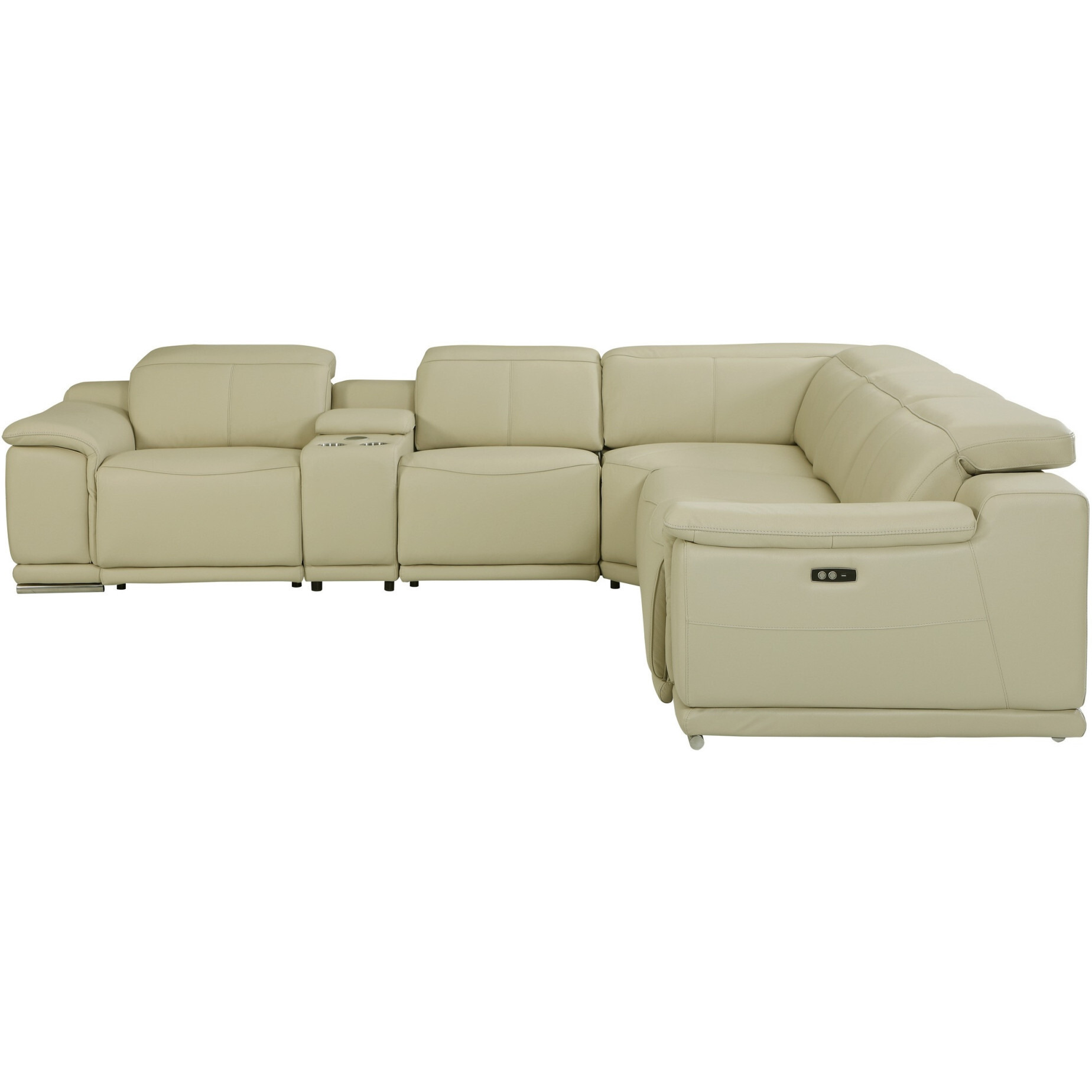 Beige Italian Leather Power Reclining U Shaped Six Piece Corner Sectional With Console