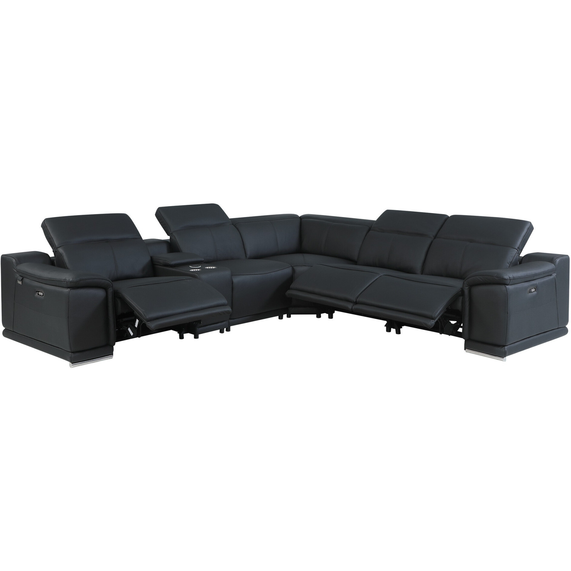 Beige Italian Leather Power Reclining U Shaped Six Piece Corner Sectional With Console