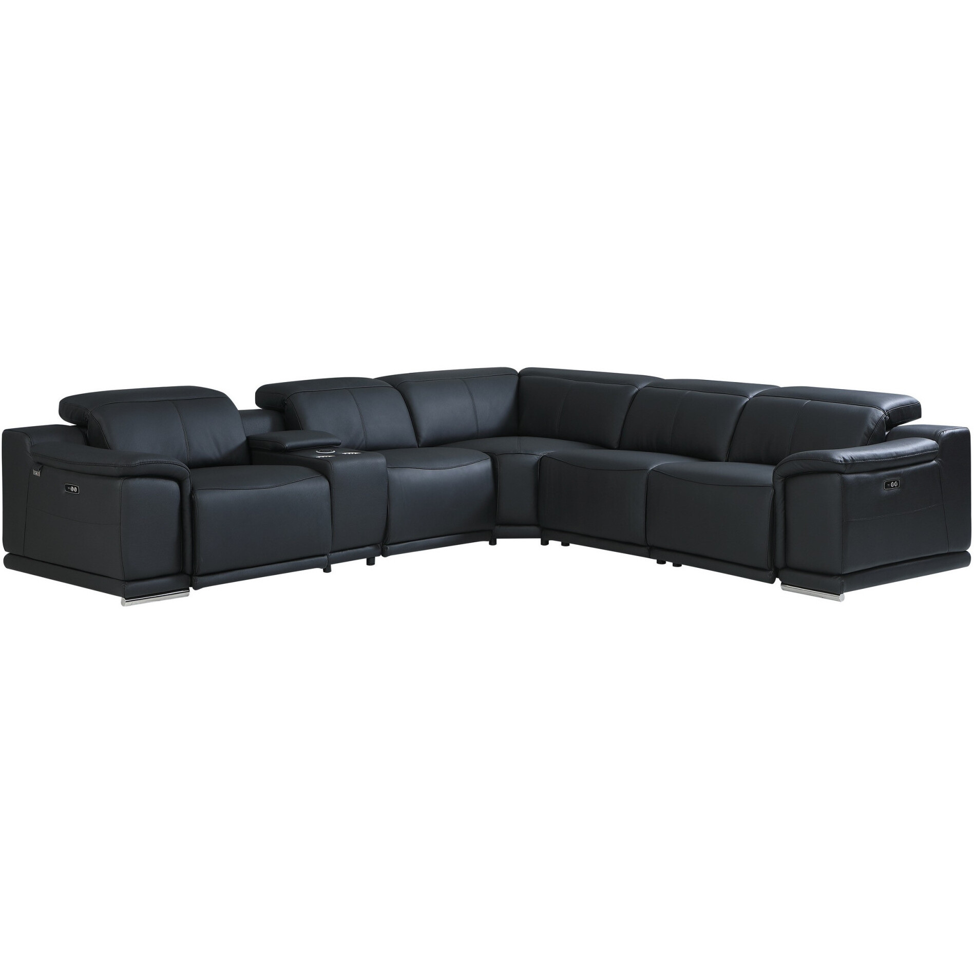Beige Italian Leather Power Reclining U Shaped Six Piece Corner Sectional With Console
