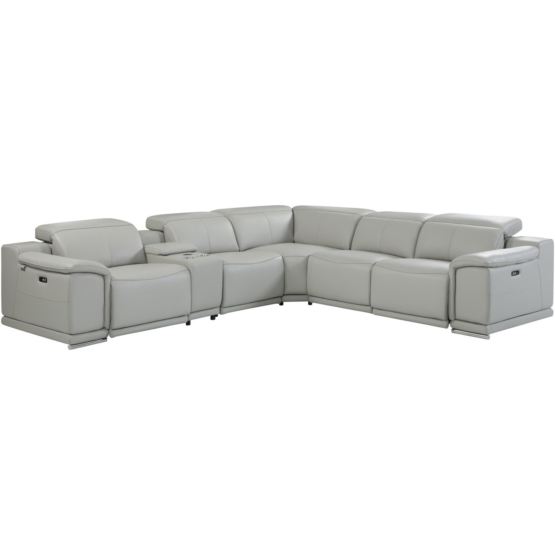 Light Gray Italian Leather Power Reclining U Shaped Six Piece Corner Sectional With Console