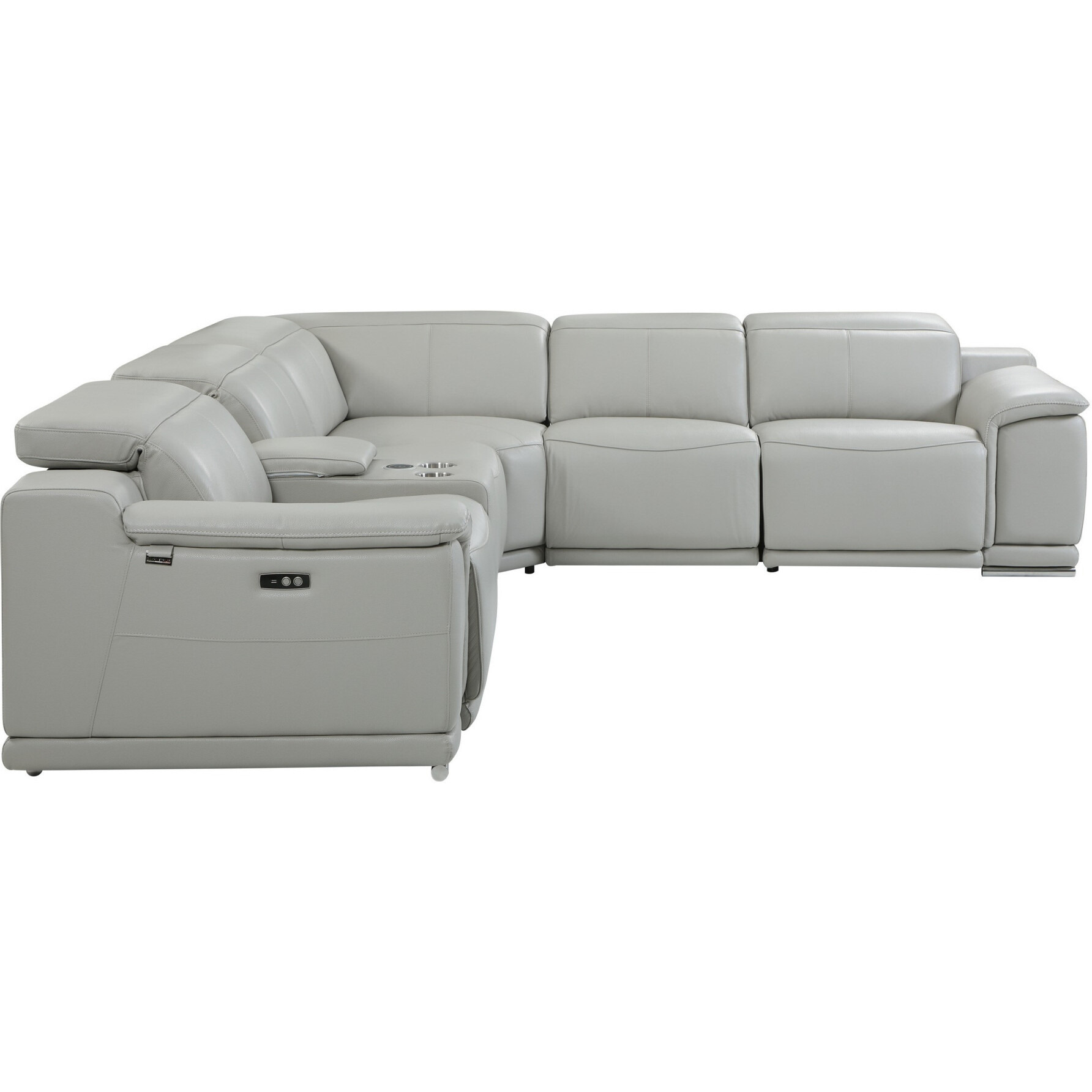 Light Gray Italian Leather Power Reclining U Shaped Six Piece Corner Sectional With Console