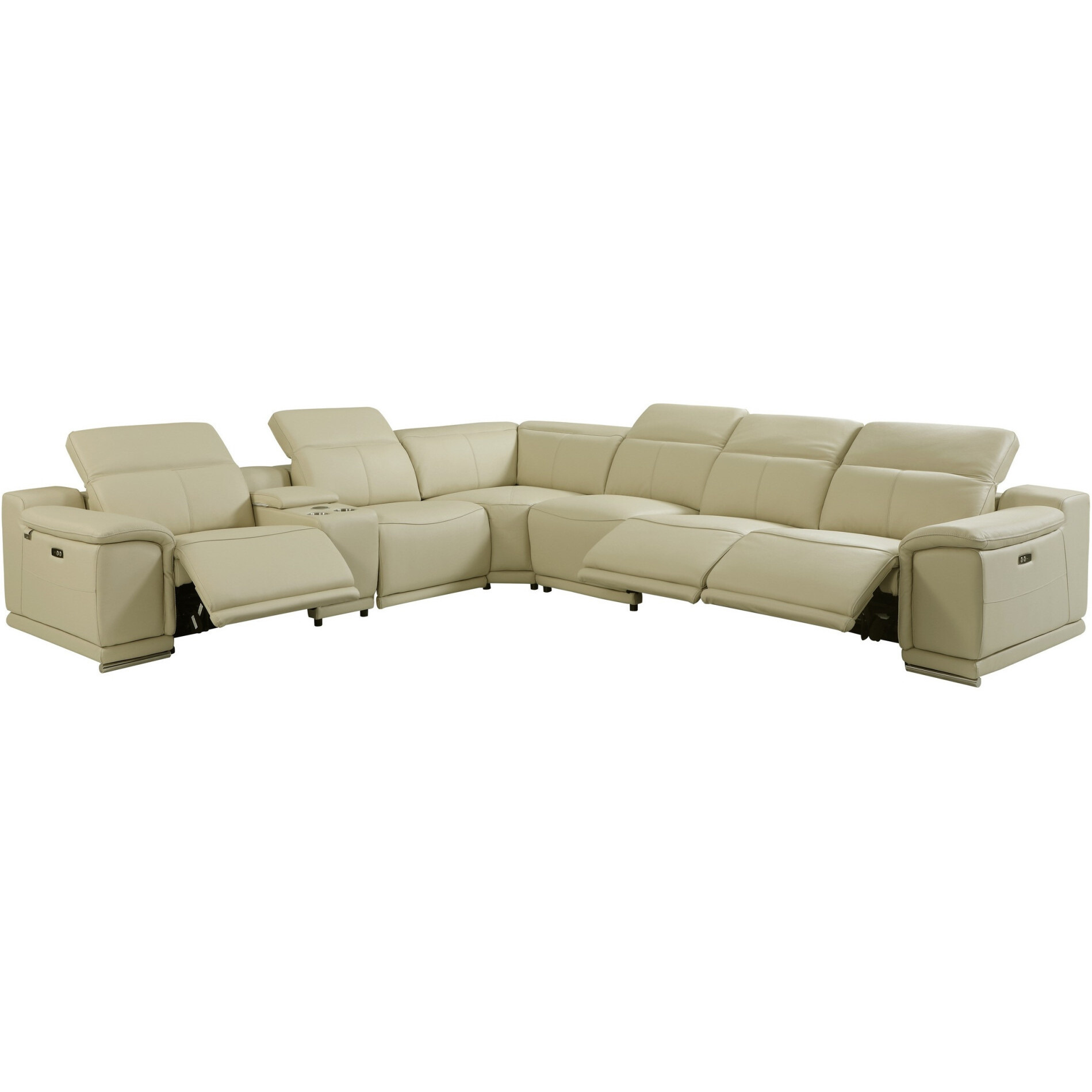 Beige Italian Leather Power Reclining U Shaped Seven Piece Corner Sectional With Console