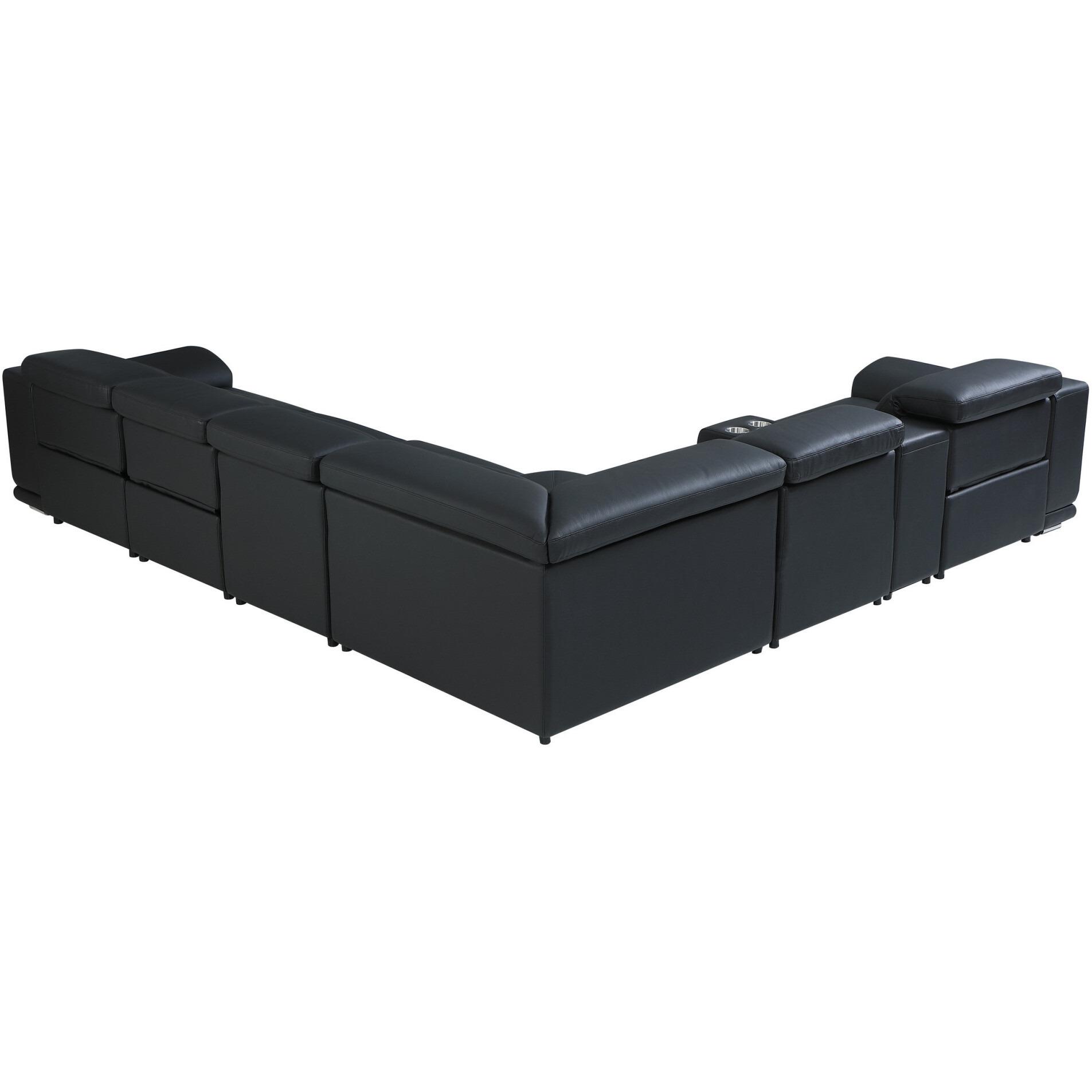 Black Italian Leather Power Reclining U Shaped Seven Piece Corner Sectional With Console