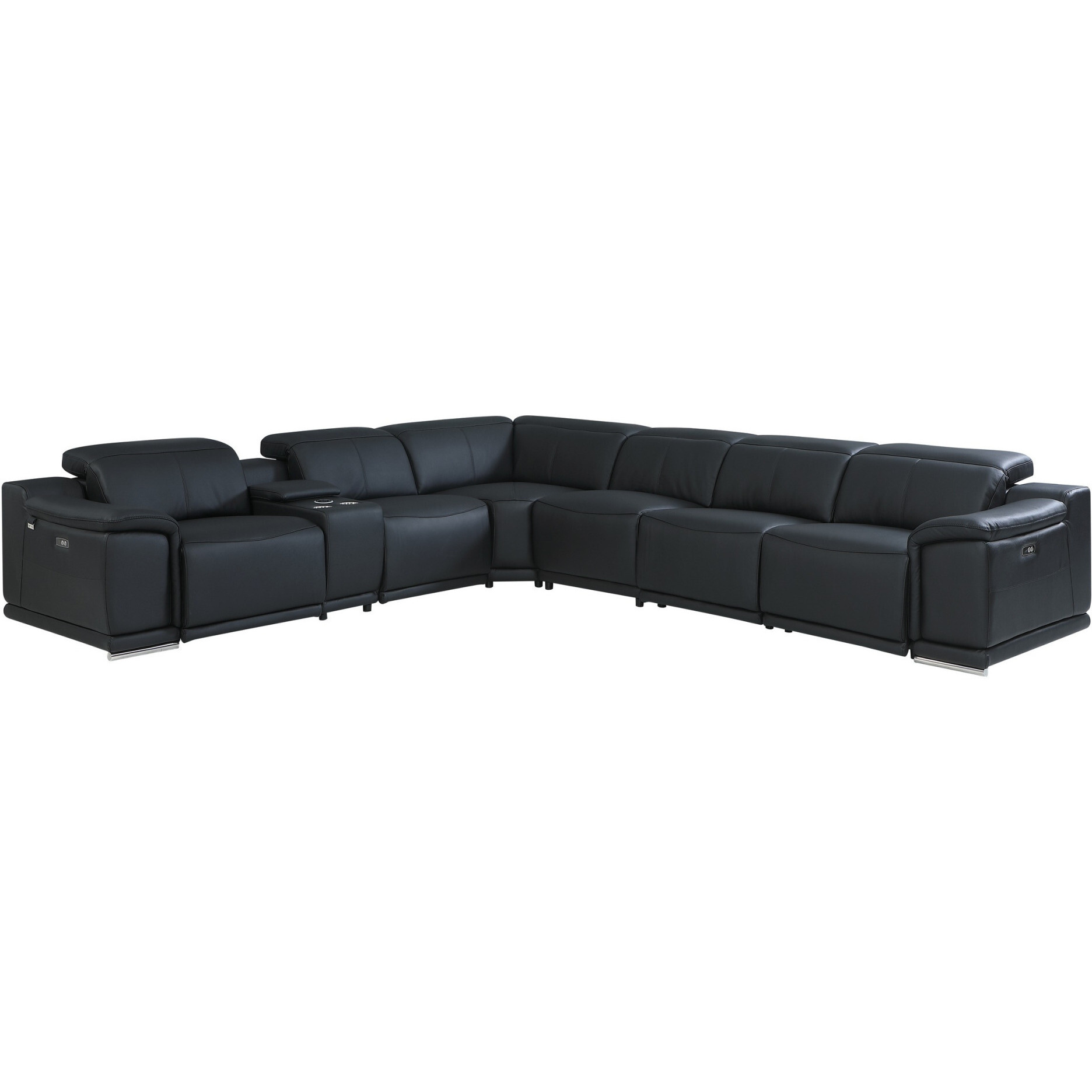 Black Italian Leather Power Reclining U Shaped Seven Piece Corner Sectional With Console