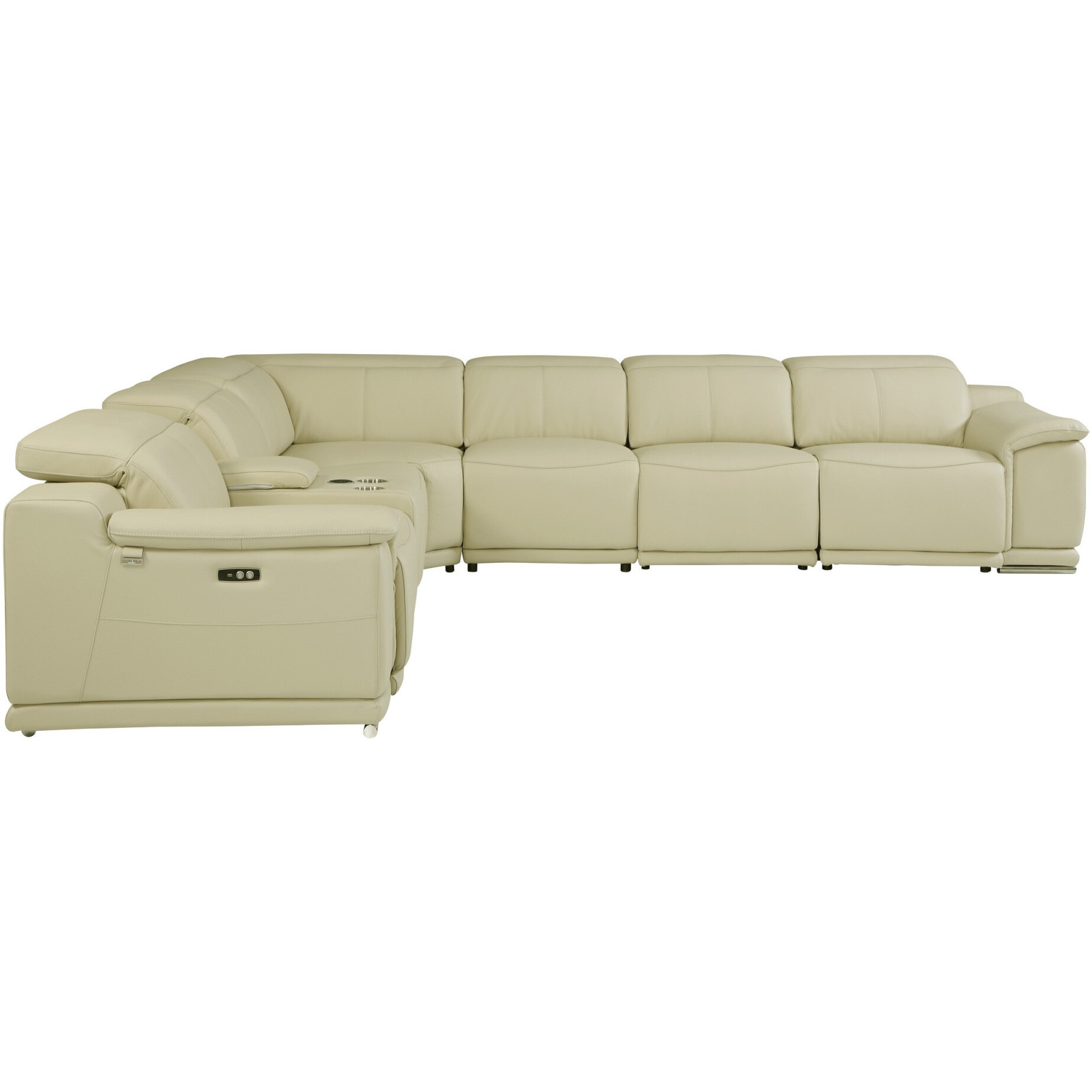 Beige Italian Leather Power Reclining U Shaped Seven Piece Corner Sectional With Console