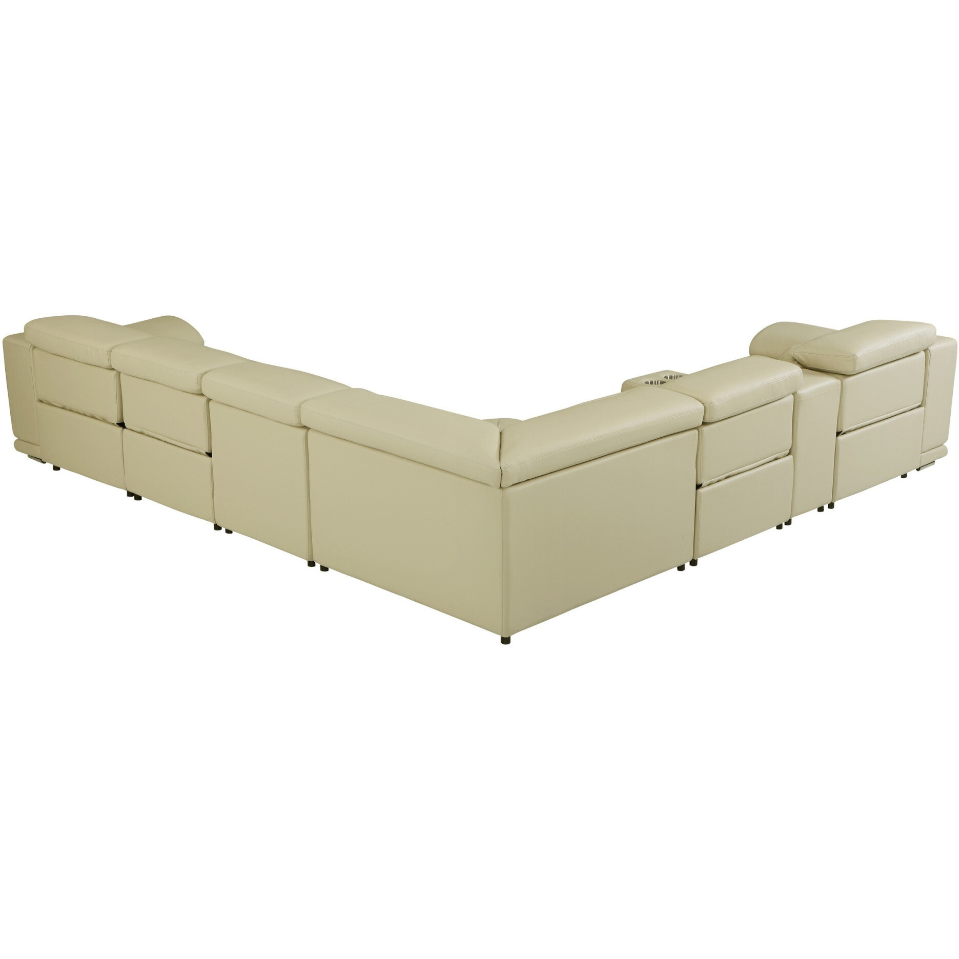 Beige Italian Leather Power Reclining U Shaped Seven Piece Corner Sectional With Console