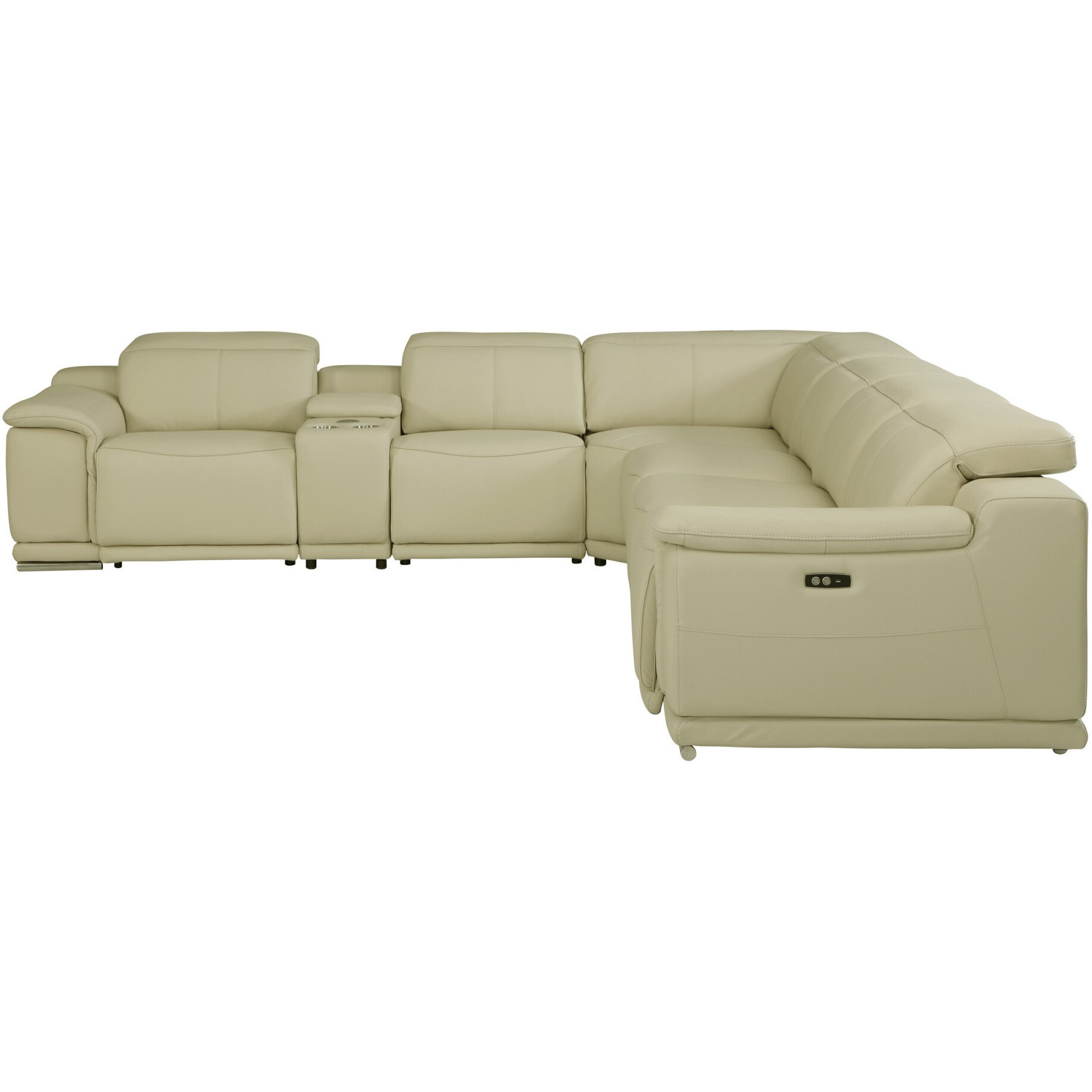 Beige Italian Leather Power Reclining U Shaped Seven Piece Corner Sectional With Console