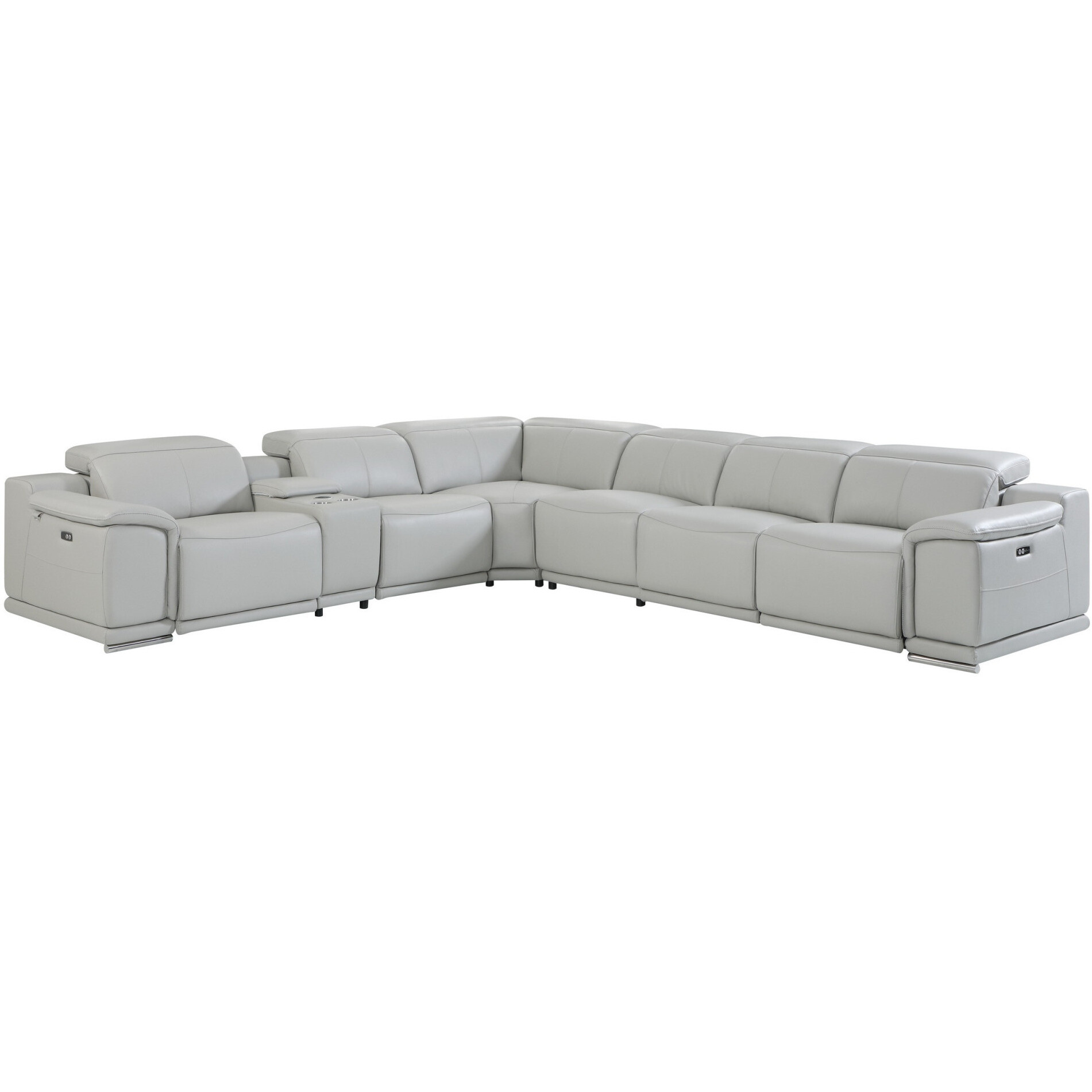 Light Gray Italian Leather Power Reclining U Shaped Seven Piece Corner Sectional With Console